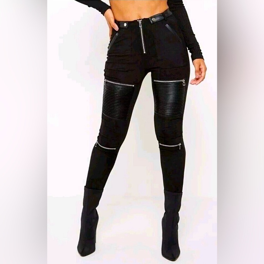 Manière De Voir Moto Zipper Vegan Suede Skinny Biker Pants Black 🖤 Size XXS